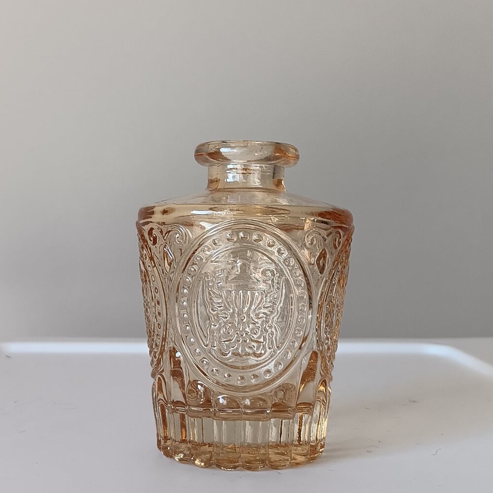 Round Glass Bottle Bud Vase Textured Fleur de Lis Floral Clear Yellow Amber 4"